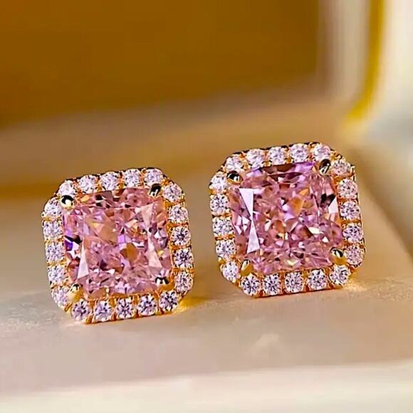 Pink Gemstone Zircon Stud Earrings, Wedding, Bridal, Anniversary - Picture 2 of 7